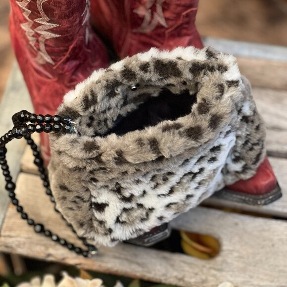 Mini Faux Leopard Fur Purse – Black Beaded Handle - Picture 6 of 9
